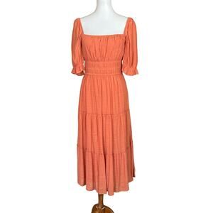 Terracotta Peasant Midi Dress Smocked Waist Tiered Skirt Small NWOT
